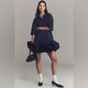 Anthropologie Maeve Short-Sleeve Collared 3D Ruffle Mini Dress